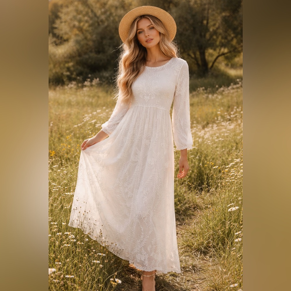 Fehrnvi White Embroidered Boho Prairie Maxi Dress Cottagecore S/M Fairycore